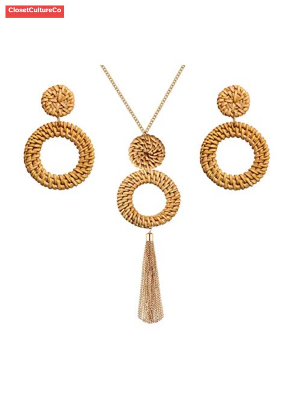 Rattan Necklace and Earrings Set Natural Wicker Summer Beach Jewelry